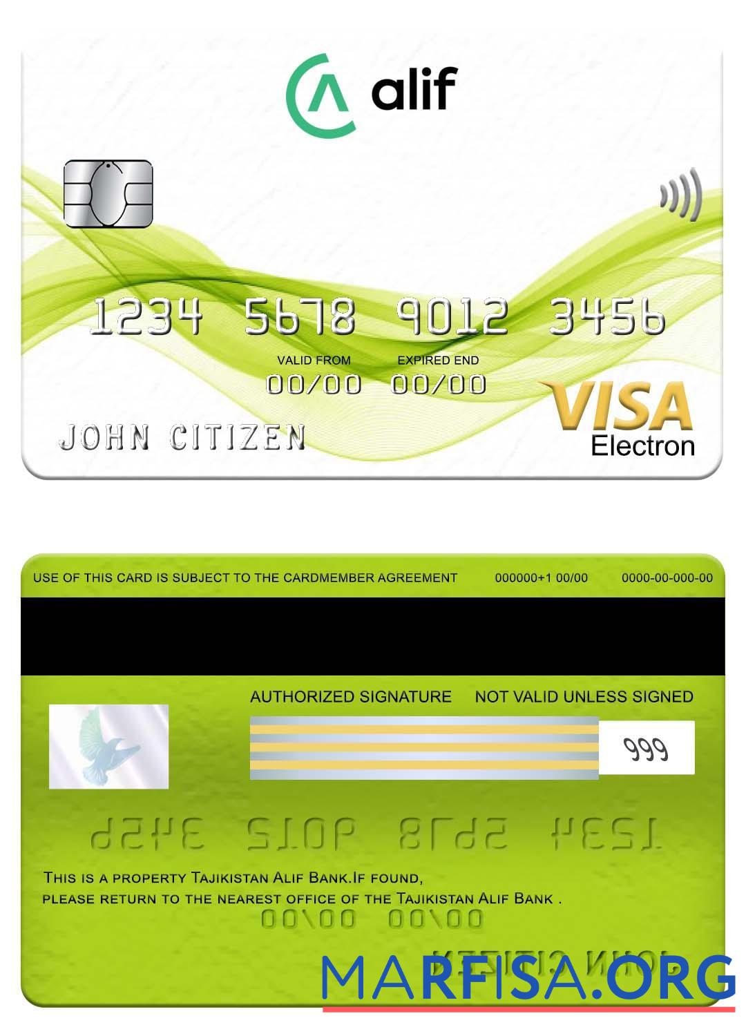 Printable Tajikistan Alif Bank visa electron card template